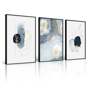 3 Framed Abstract Canvas Wall Art, Artwork high quality blue, gold, white
